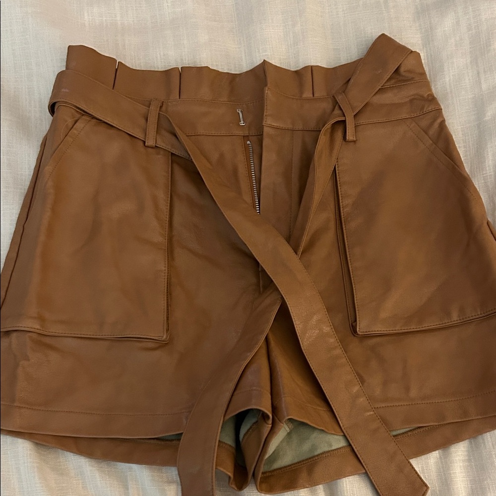 Le Lis High Waist Tan Vegan Leather Shorts
Size M